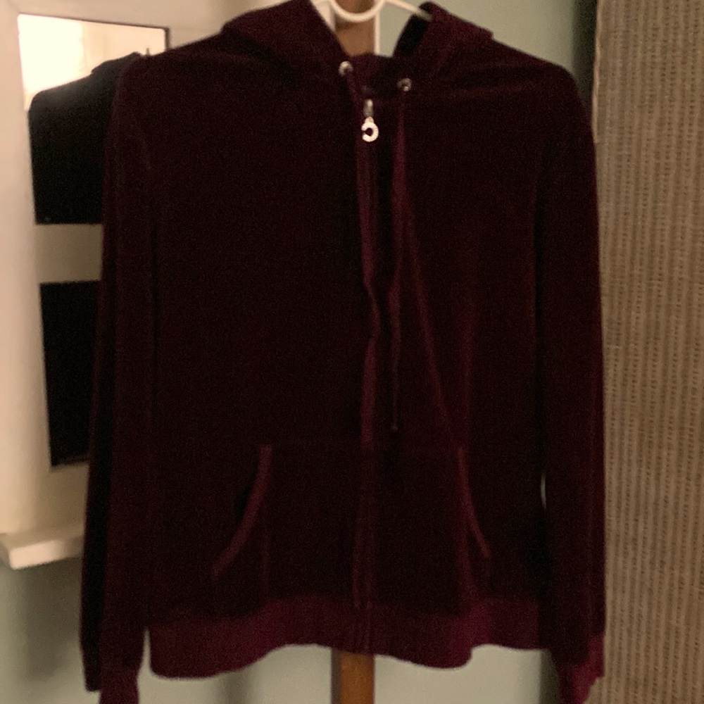 Deep dark cranberry/burgundy zippered velour sweatshirt jacket/hoodie. Size XL.